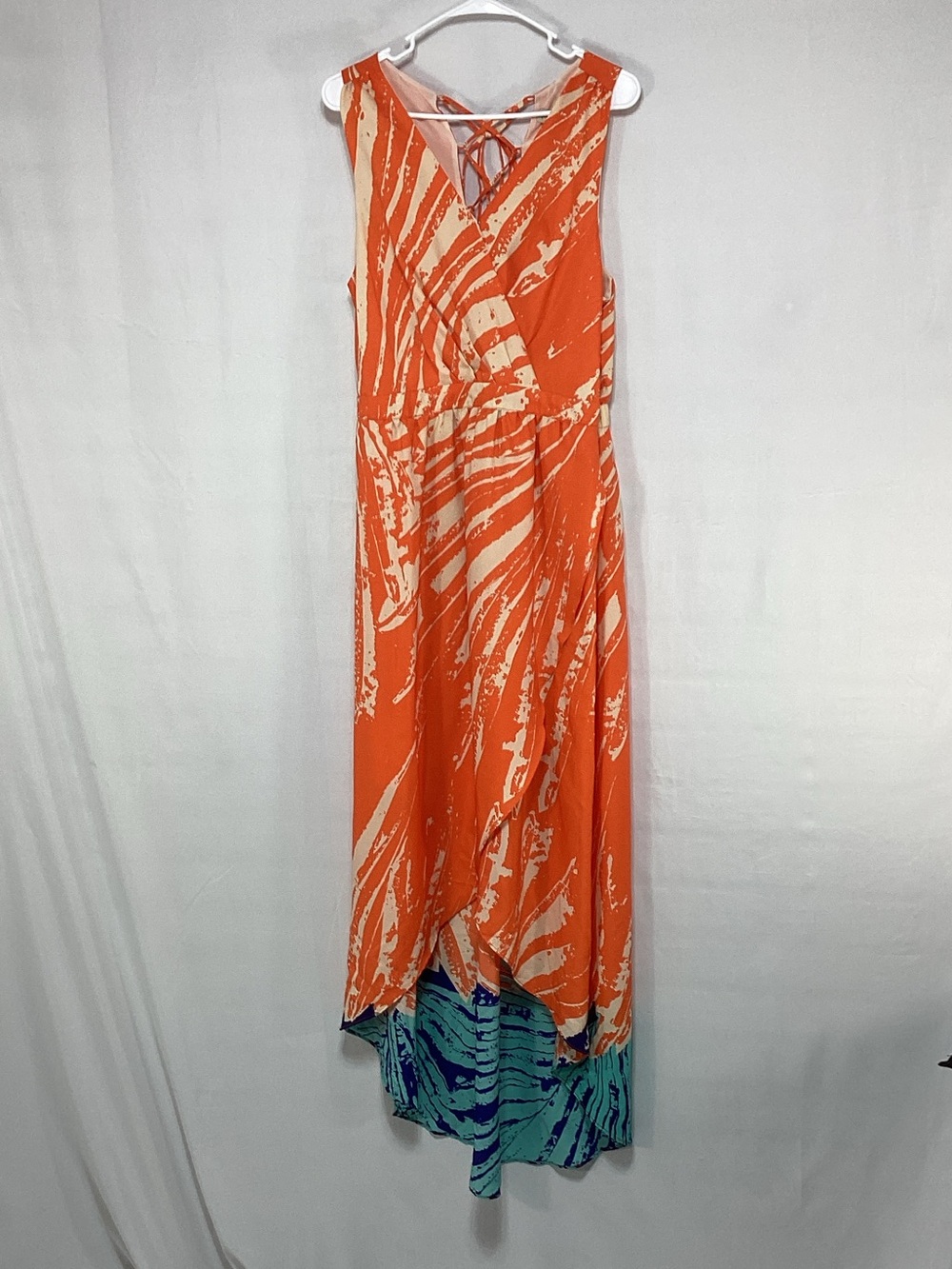 Presley Skye Large Orange and Cream Abstract Maxi Dress with Teal Accent